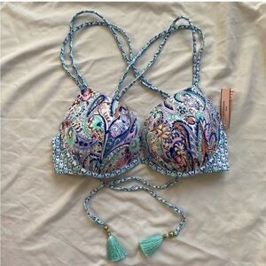 Victoria’s Secret The Gorgeous Bikini Top Strappy Tassel Blue Paisley 34C